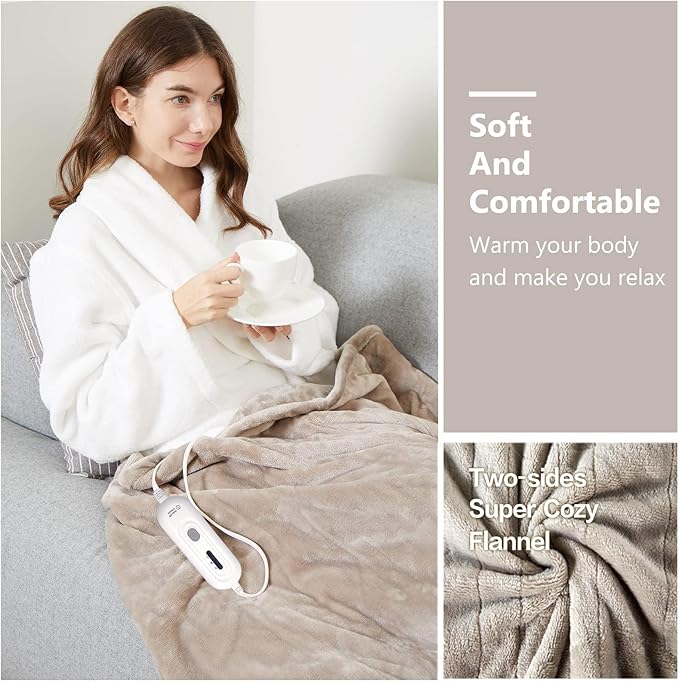 Tefici Electric Heated Blanket Throw, Super Cozy Soft 2-Layer Flannel 50" x 60" Heated Throw with 3 Heating Levels & 4 Hours Auto Off, Machine Washable, ETL&FCC Certified, Home Office Use,Camel