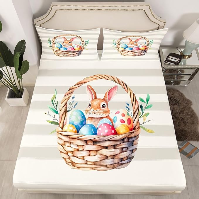 Happy Easter Fitted Sheet Twin Size Cute Rabbit Easter Egg Bedding Set for Kids Bedroom Kawaii Cartoon Animal Bed Sheet Set 2pcs Beige Gray Deep Pocket Mattress Cover,No Top Flat