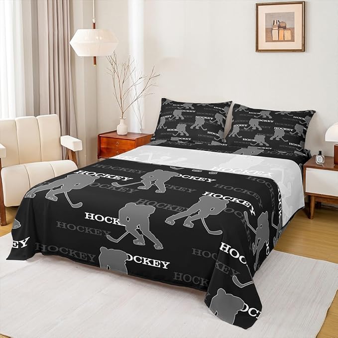 Manfei Ice Hockey Kids Sheet Queen Size, Easy Wash Bedding Set,Winter Sports Modern Kids Room Decor,Black Gray Sheet(Fitted+Flat+2 Pillowcases)