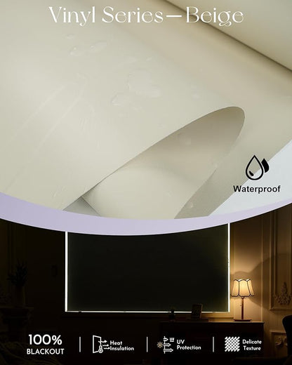 Graywind Motorized Roller Shade 100% Blackout Compatible with Alexa Google Waterproof Vinyl Fabric Remote Control Hardwired Window Shades Window Blinds, Customized Size (Vinyl - Beige)