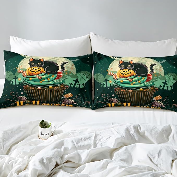 Halloween Bed Cover(1 Fitted Sheet+1 Pillow Case),Sweet Cake Dessert Trippy Bedding Set for Room Decor,Exotic Cat Pumpkin Glitter Starry Moon Sky Green Black Bed Sheet Set,3Pcs Full Size