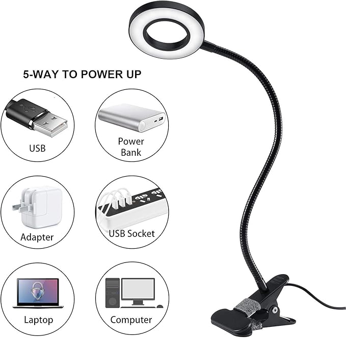 Clip Light Reading Lights 48 LED Clamp-on Desk Lamp with 3 Color Modes and 10 Brightness Dimmable, 360 ° Flexible Gooseneck Book Clamp Light for Video Conference Lighting Headboard
