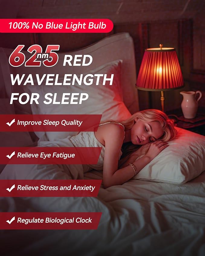 Neporal 625nm Red Light Bulbs for Sleep, 100% Blue Light Blocking Light Bulb, 9W Red Light Bulb for Melatonin Promoting, A19 60W Equivalent Dim Light Bulbs for Bedroom, Baby Nursery,2 Pack