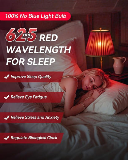 Neporal 3W 625nm Red Light Bulbs for Sleep, 100% Blue Light Blocking Bulb, Red Light Night Light for Melatonin Promoting, A19 40W Equivalent Dim Light Bulbs for Bedroom, Baby Nursery, 3 Pack