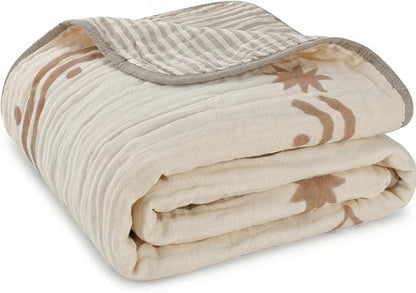 Ultra Soft Muslin Baby Blanket - Made with Organic Cotton, Reversible Rainbow Print & Coffee Striped Jacquard, Swaddle & Crib Quilt, 43x43 Inches (Rainbow Border)