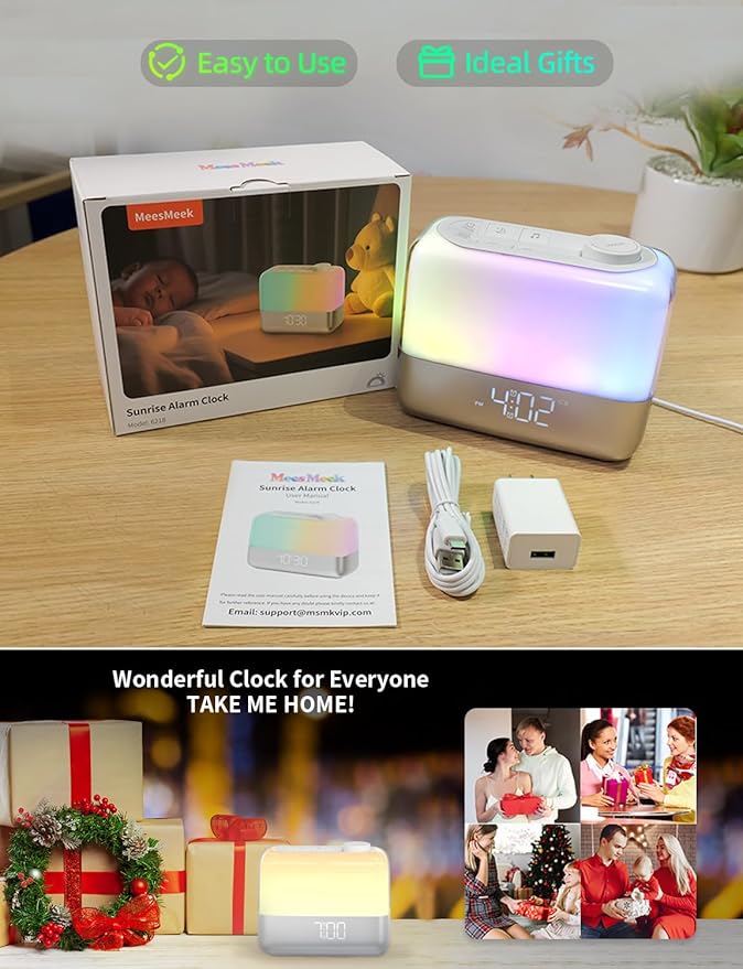 Sunrise Digital Alarm Clock for Bedroom: Wake-up Light, RGB Ambient Night Light, 9-Mins Snooze, 6 Natural Sounds, 7 Volume, Rechargeable Battery, Dual Loud Alarms for Heavy Sleepers (Silver)