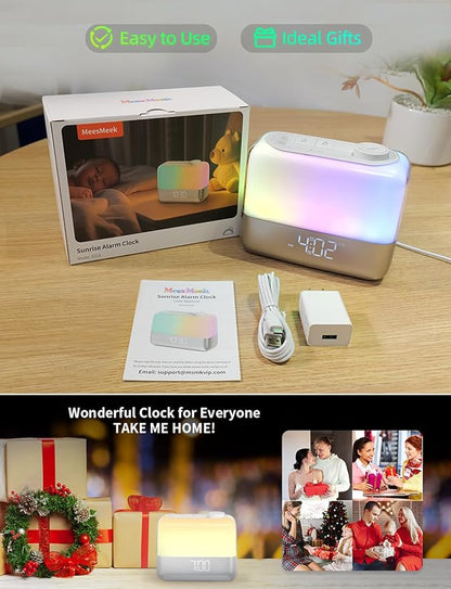 Sunrise Digital Alarm Clock for Bedroom: Wake-up Light, RGB Ambient Night Light, 9-Mins Snooze, 6 Natural Sounds, 7 Volume, Rechargeable Battery, Dual Loud Alarms for Heavy Sleepers (Silver)