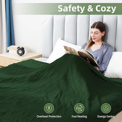 Electric Heated Blanket Queen Size 84"x90", Soft Plush Microplush for Bed, Dual Controllers & Dual Heating Zones, 10 Hours Auto Off & 5 Heating Levels, Machine Washable, Gifts for Family-Green