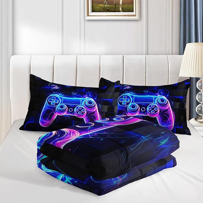 3 Pieces Bed in a Bag for Boys Bedding Sets Queen Size,Game Controller Comforter Sets for Boys Kids,Gaming Comforter Set for Teens Room Decor,Honeycomb Geometric Bedding with 2 Pillowcases.