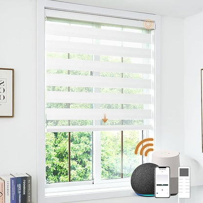 Motorized Zebra Blinds, Cordless Blackout Window Shades with Remote, Custom Dual Layer Smart Roller Shades Compatible with Alexa Google Assistant, Automatic Light Filtering Blinds,White