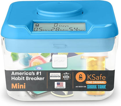 KSafe Timer Lock Box for Phones, Snacks & Medications - Cell Phone Jail & Food Safe with Timer - Time Locking Container for Better Habits & Addiction Management (Mini, Blue Lid + 3.0” Clear Base)