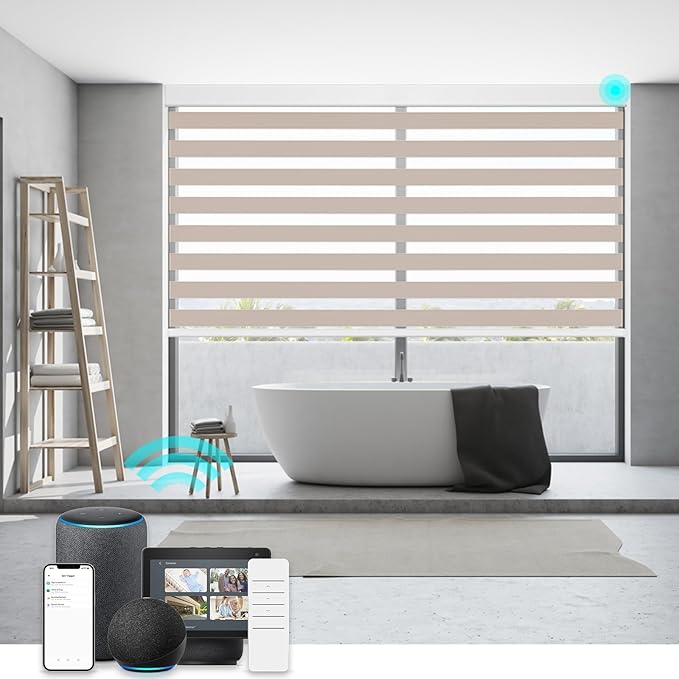 Changshade Auto Blinds Electric Motorized Window Shades Work with Alexa, Google Home, Apple Homekit, Automatic Blackout Blinds for Indoor Windows Remote Control, Custom Zebra Roller Shades, Beige
