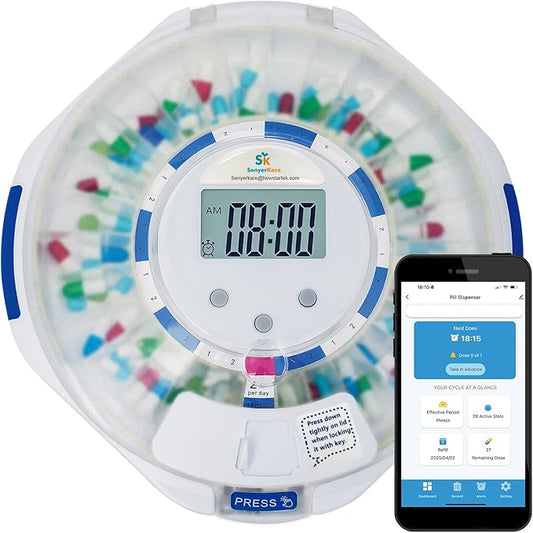 Bluetooth Automatic Pill Dispenser for Elderly, Key Lock Security, Sound & Light Alerts, 9 Dosage Templates, 28-Day Frosted Lid Medication Dispenser for Protecting Pills Privacy