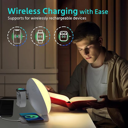 MOMILLA Sunrise Alarm Clock 3-in-1 Wireless Charging Station, App-Controlled Sound Machine White Noise, Sunrise Sunset Light, Bedside Wake-Up Lamp and Night Light for Heavy Sleepers