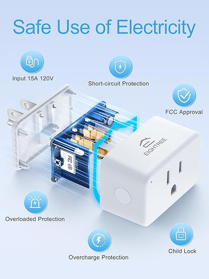 EIGHTREE Smart Plug 15A, Smart Plugs That Compatible with Alexa & Google Home & SmartThings, No Hub Required, Smart Outlet with Remote Control, Timer & Schedule, 2.4GHz WiFi Only, 2 Packs