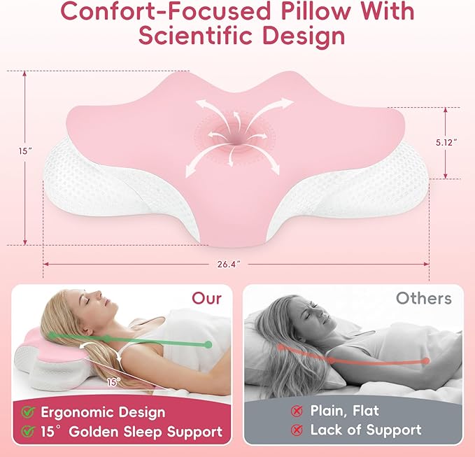 Cervical Neck Pillow for Pain Relief, Ergonomic Contour Pillow for Sleeping, 2 Heights Cooling Pillow for Neck and Shoulder Support, Memory Foam Orthopedic Pillow for Side Back Stomach Sleepers Pink
