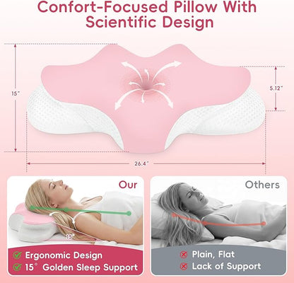 Cervical Neck Pillow for Pain Relief, Ergonomic Contour Pillow for Sleeping, 2 Heights Cooling Pillow for Neck and Shoulder Support, Memory Foam Orthopedic Pillow for Side Back Stomach Sleepers Pink