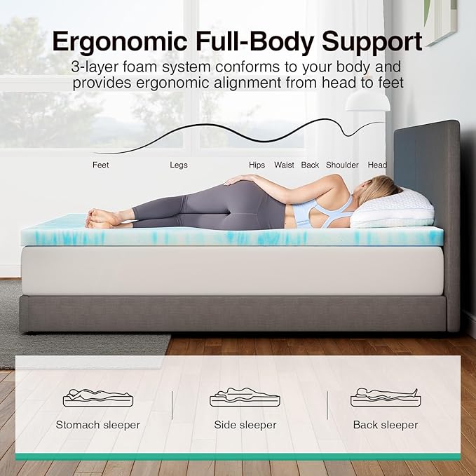 Novilla Twin Memory Foam Mattress Topper 3 Inch, Cooling Gel Infused, Ventilated Pressure Relief Pad, Medium Comfort for Sofa, RV, Camper, Dorm Room