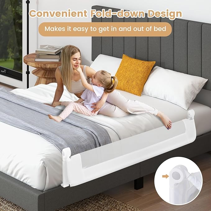 HONEY JOY Bed Rail for Toddlers, 60-Inch Extra Long, Foldable Portable Swing Down Safety Bed Guard Rail, Toddler Bed Rails for Crib, King Queen Full Twin Size Bed Mattress (White)