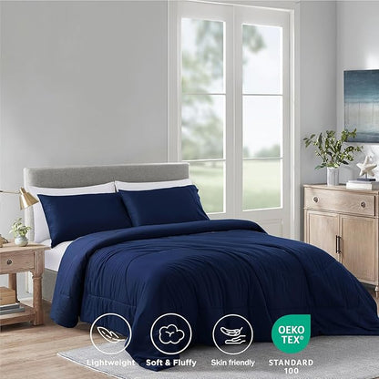 Natural Bamboo Viscose Comforter Set Queen Size 3 Pieces, All-Season Soft Breathable Moisture-Wicking Quilt with Matching Pillowcases, Machine Washable, Quilted Fluffy Comforter (Navy Blue)