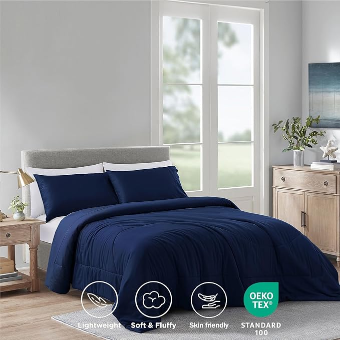 Zaizaihome Natural Bamboo Viscose Comforter Set King Size 3 Pieces, All-Season Soft Breathable Moisture-Wicking Quilt with Matching Pillowcases, Machine Washable, Quilted Fluffy Comforter (Navy Blue)