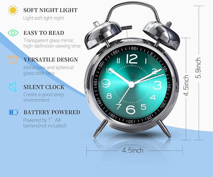 Super Loud Alarm Clock for Heavy Sleepers,4 inches Twin Bell Alarm Clock with Backlight,Battery Operated,Silent Non Ticking,for Kids,Adults,Bedrooms,Retro Decor Desk Analog Clocks. (Green)