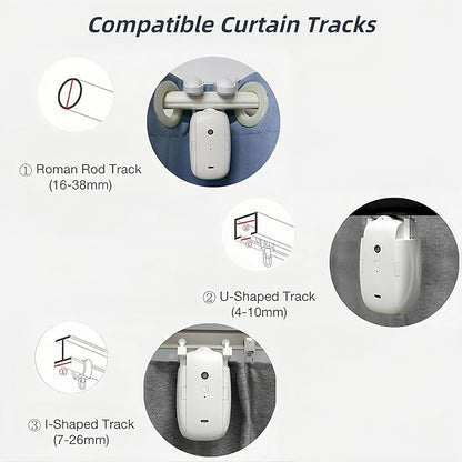 2PCS Automatic Curtain Opener, Smart Curtain Opener, Electric Curtain Opener and Closer with Remote Control for Roman Rod/I-Shaped/U-Shaped Curtain Tracks