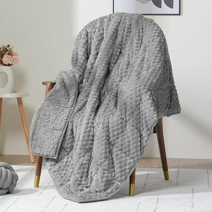 Wemore Fleece Weighted Blanket for Adults (48" x 72" 12lbs, Grey), Dual Sided Cozy Soft Sherpa Heavy Blanket, 3D Imitation Turtle Shell Warm Jacquard Flannel Weighted Blankets for Couch and Bed