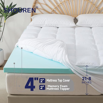 Memory Foam Mattress Topper King 2inch+2inch, Pressure-Relieving Bed Topper with Secure Strap Design for Back Pain, Soft and Supportive, Shredded Memory Foam