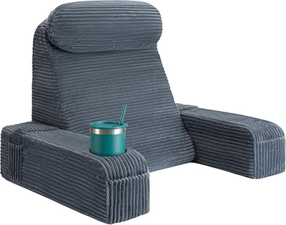 AS AWESLING Reading Pillow for Adults, Back Pillow for Bed Sitting Up, Backrest Pillow for Sitting in Bed, Detachable Arms with Built-in Cup & Phone Caddy (Dark Gray-Corduroy, 21 INCH)