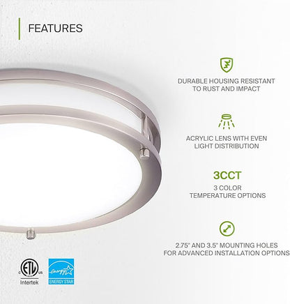ASD LED 12" Round Flush Mount Lighting, Close to Ceiling Light Fixture | 3CCT, Dimmable, Energy Star, ETL Listed | 20W 1532LM 3000-5000K 120V | Low Profile Double Ring Lamp | Nickel