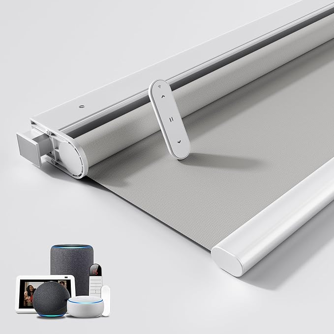 Grandekor No Drill Motorized Blinds with Remote, Blackout Roller Shade Electric Smart Remote Control Blinds, Fit for APP and Voice Control Gray-Blackout 25" W x 48" H