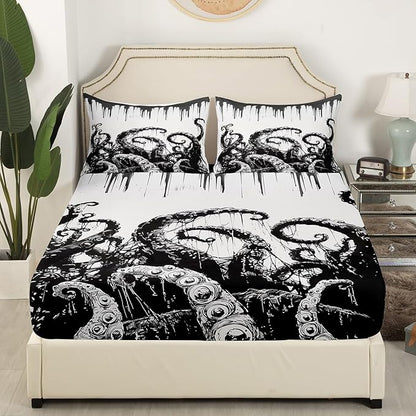 Octopus Kids Fitted Sheet Twin Size,Marine Life Ocean Animals Trippy Bedding Set,Boys Girls Room Decor,Hand-Painted Geometric Abstract Bed Cover,Black White Retro Bed Sheet,1 Pillowcase