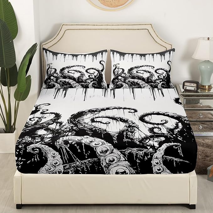 Octopus Kids Fitted Sheet Queen Size,Marine Life Ocean Animals Trippy Bedding Set,Boys Girls Room Decor,Hand-Painted Geometric Abstract Bed Cover,Black White Retro Bed Sheet,2 Pillowcases