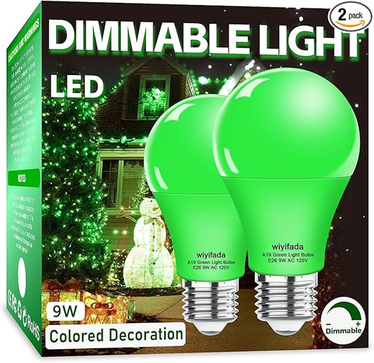 2 Pack A19 LED Green Light Bulbs,120V E26 Christmas Green LED Lights 9W Replace up to 100W,Dimmable Colored Light Bulbs for St. Patrick's Day, Porch Light, Party Decoration, Holiday Lighting