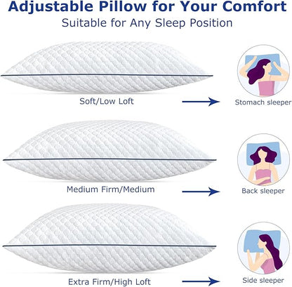 Cooling Standard Pillows Set of 2, Shredded Memory Foam Pillows Standard Size, Adjustable Firm Bed Pillows for Side Back Stomach Sleepers, Standard Pillow for Sleeping with Zip Washable Cover