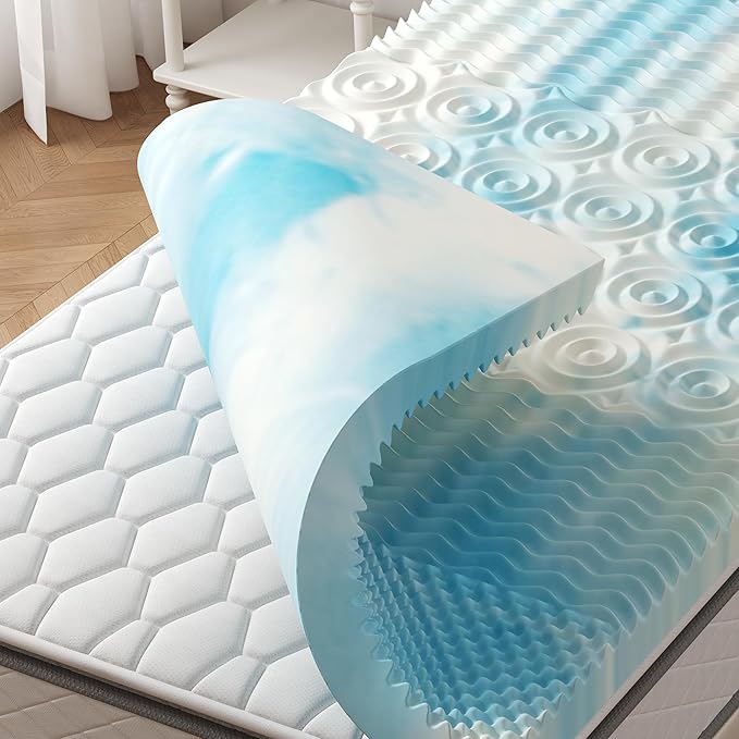 NEWBULIG Twin Memory Foam Mattress Topper, 4 Inch 5-Zone Egg Crate Foam Mattress Topper Pad, Cooling Gel Infused Bed Toppers for Pressure Relief, CertiPUR-US Certified, Blue