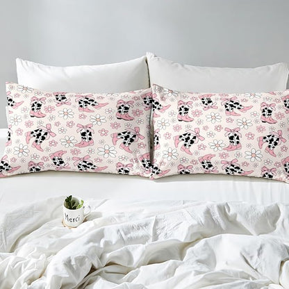 Cowgirl Boots Fitted Sheet Queen Size,Daisy Flowers 70s Retro Groovy Cartoon Soft Bed Cover(1 Fitted Sheet+1 Pillow Case),Princess Pink Bowknots Rustic Cowhide Breathable Mattress Cover
