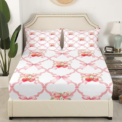 Strawberry Bow Fitted Sheet,Full Size Fairy Princess Bowknot Crossed Grids Patchwork Collections,Sweet Tropical Fruits Dreamy Pink White Bedding Deep Pocket for Girls with 2 Pillowcases