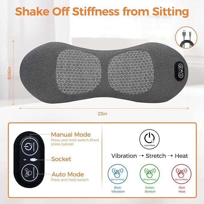 3-in-1 Heated Vibration Massage Memory Foam Lumbar Support Pillow for Back Pain Relief - Ergonomic Back Cushion with Adjustable Heat/Vibration, Retro Design for Home, Office, Travel