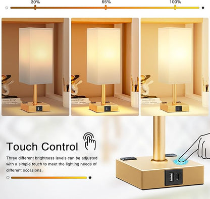 Gold White Touch Table Lamp - Bedside Lamp with USB A + Type C Charging Ports and Two AC Outlets, Small Night Stand with E26 LED Bulb, Desk Light for Bedroom Living Room Office Dorm