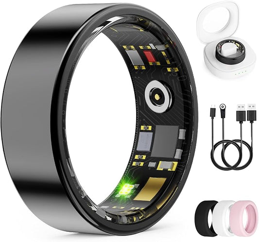 Smart Ring for Women & Men, Health Tracker Ring with Heart Rate, Blood Oxygen,Blood Pressure, IP68 Waterproof Fitness Ring, Sleep Tracker for iPhone and Android, No APP Fee (Black, 6#)