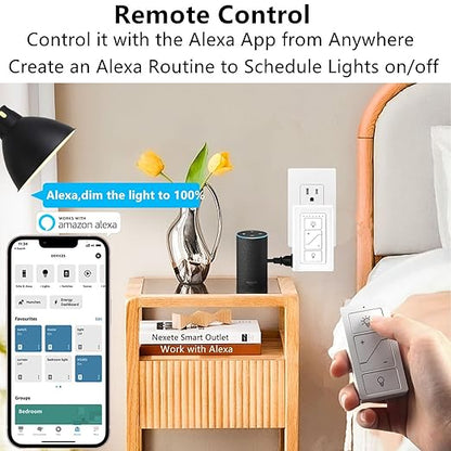 Nexete Smart Dimmer Plug Outlet Switch with Remote, Lamp Dimmer Outlet Switch Plug Adapter for Dimmable LED Light Bulbs Lamps String Lights Voice Control,Work with Alexa ( Plug in Dimmer with Remote )