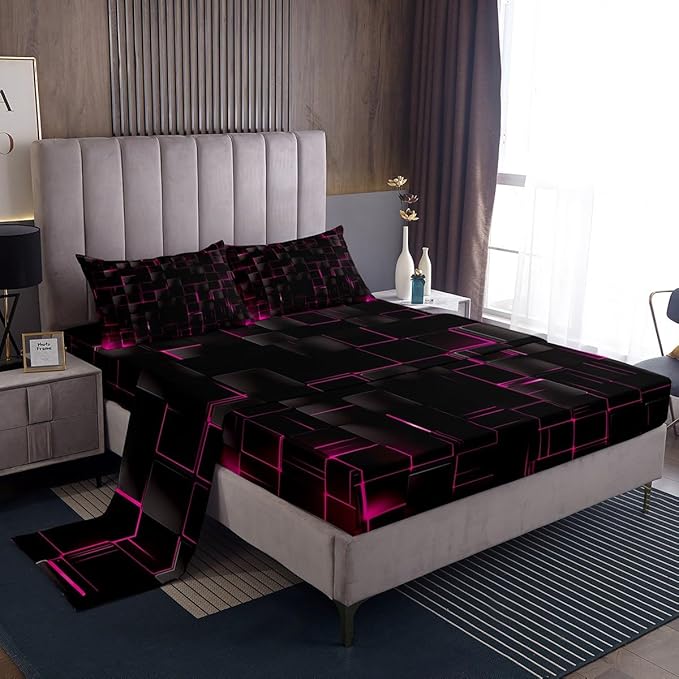 Manfei Abstract Sheet Set Queen Size, Modern Geometric Square Grid Bed Sheet Set 4pcs with Deep Pocket Fitted Sheet + Flat Sheet + 2 Pillowcases, Rose and Black Bedding Set for Kids Boys Girls Adults
