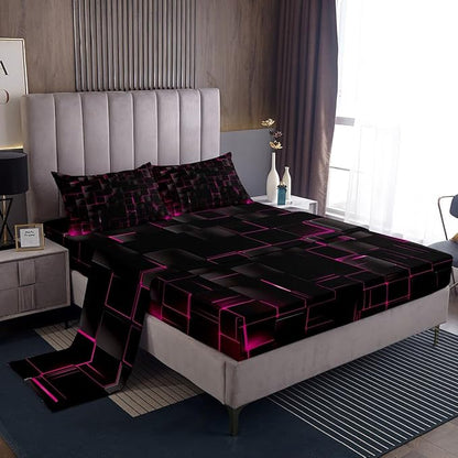 Manfei Abstract Sheet Set King Size, Modern Geometric Square Grid Bed Sheet Set 4pcs with Deep Pocket Fitted Sheet + Flat Sheet + 2 Pillowcases, Rose and Black Bedding Set for Kids Boys Girls Adults