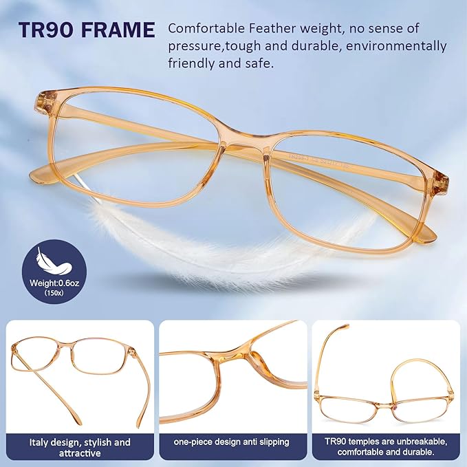 AQWANO 2.0 Computer Reading Glasses Men Women Blue Light Blocking, Lightweight TR90 Flexible Frame Readers Glasses Anti Glare, No Rubber Frames