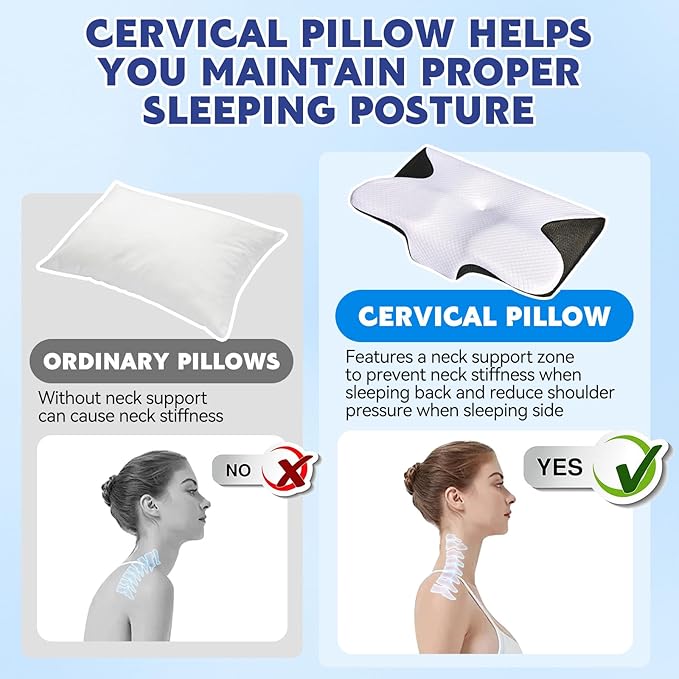 Cervical Neck Pillow for Sleeping Ergonomic Sleep Apnea Pillow with Memory Foam Neck Support Pillow for Back Side Stomach Sleepers with Pillowcase (Black)