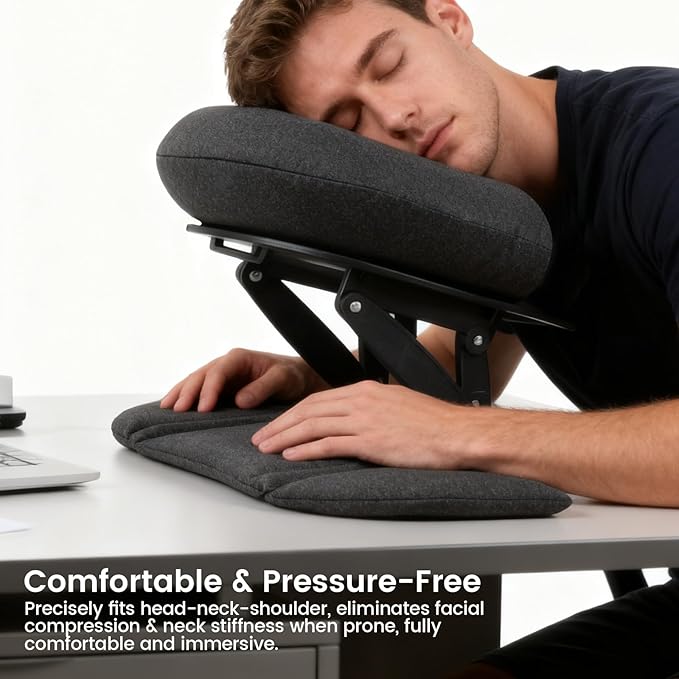 Intelligent Support Memory Foam Pillow，Adjustable Massage Pillow – Multi-Use Ergonomic Neck Pillow for Office Naps,Travel, Recliner Headrest – Portable (Black Pillow+Black Plastic Stand)