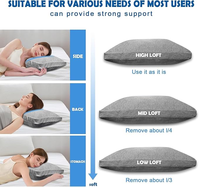 Shredded Foam Pillow King Size - Cooling Memory Foam Pillows That Stay Cold Adjustable Pillows for Sleeping Double-Sided Pillowcase