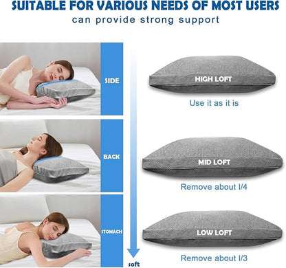 Shredded Foam Pillow King Size - Cooling Memory Foam Pillows That Stay Cold Adjustable Pillows for Sleeping Double-Sided Pillowcase